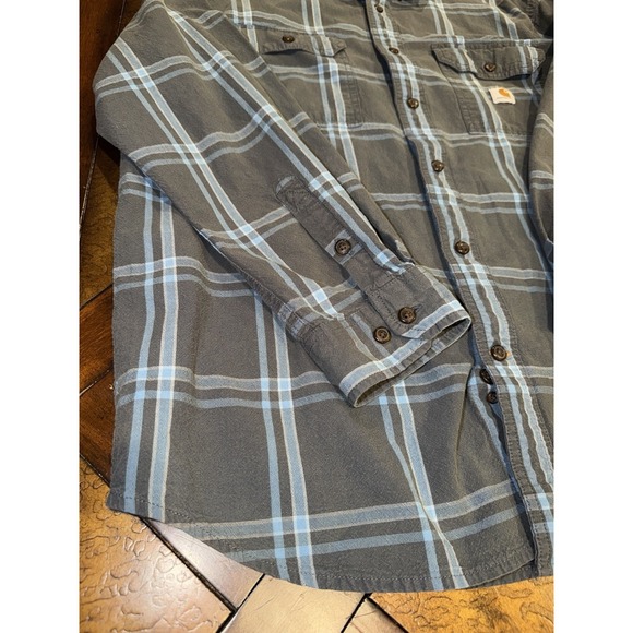 Vintage Carhartt Flannel Men's Large Gray Blue Loose Fit Cotton Plaid Work Shirt - Picture 2 of 8